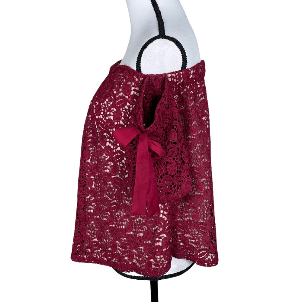 Moon River Burgundy Crochet Lace Off Shoulder Top - Picture 5 of 8